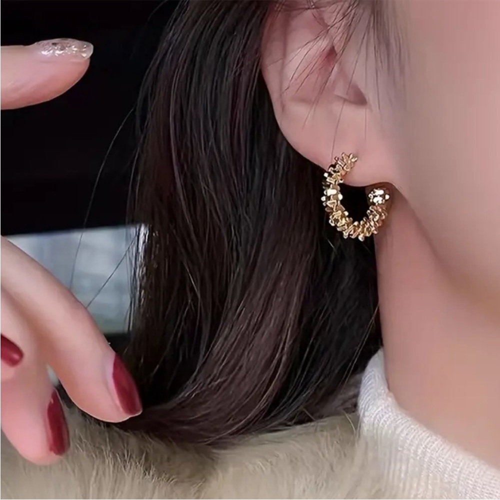 Gold Plated Textured Hoop Earrings - Women Jewelry